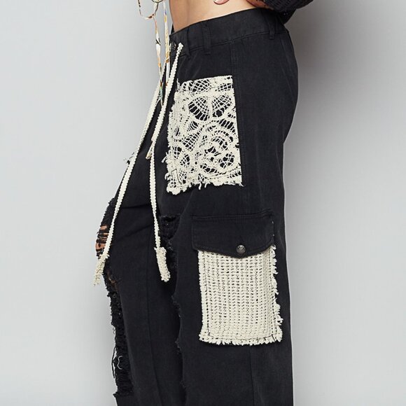 POL Distressed Twill Jogger Pants w/ Crochet Patches | Black | NWT | Large - Picture 3 of 5